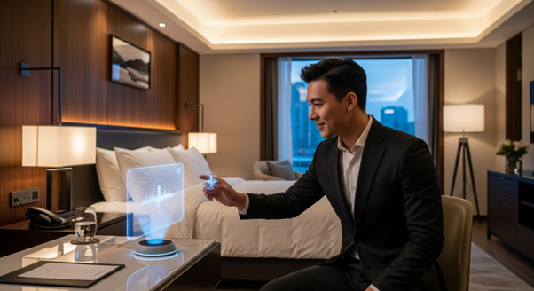 Customers chat with virtual assistants in hotel rooms