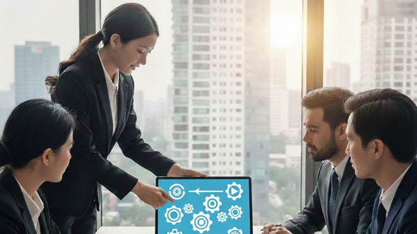 Một người phụ nữ mặc vest đang trình bày sơ đồ quy trình trên máy tính bảng cho các đồng nghiệp trong văn phòng