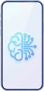 The image displays a smartphone with an icon of a neural network or a complex AI learning model at its center