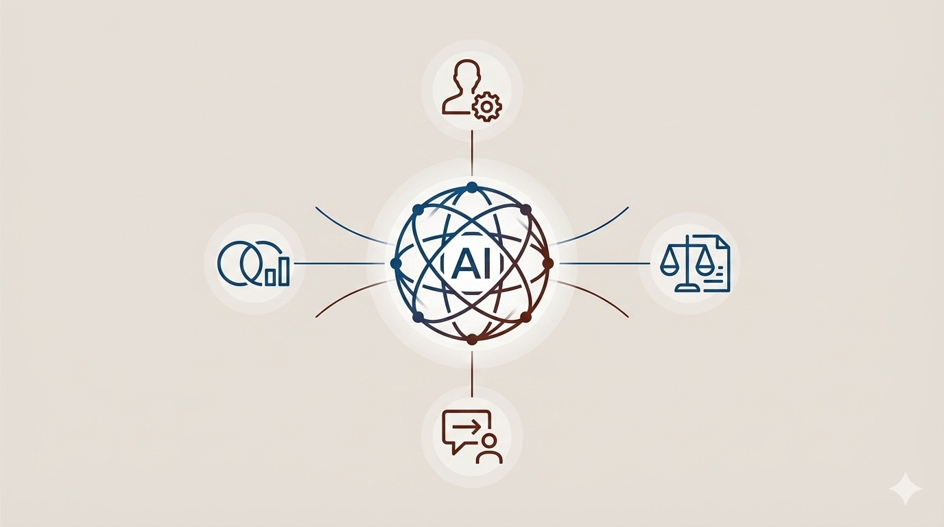 AI ecosystem connecting workforce, governance, analytics, and decision-making processes.