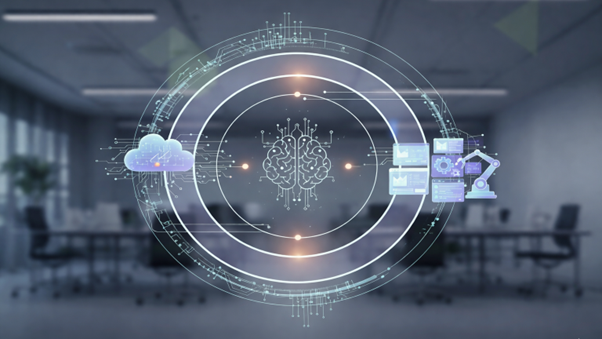 The images illustrate modern business processes, integrating artificial intelligence, smart warehousing, and automated production within a digital technology ecosystem.
