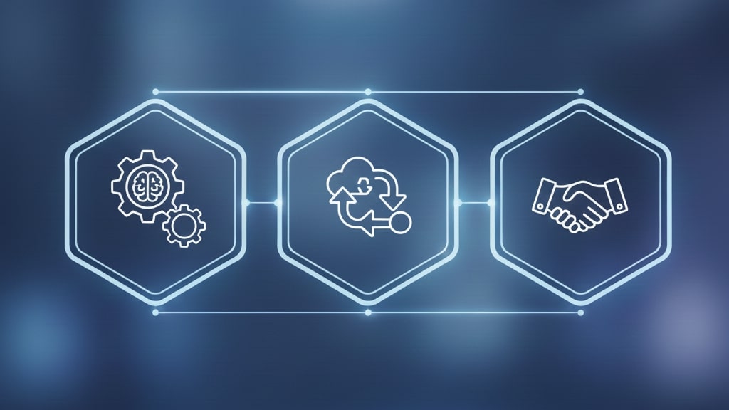 Connected icons representing technology capability, cloud integration, and strategic partnership in a digital ecosystem.