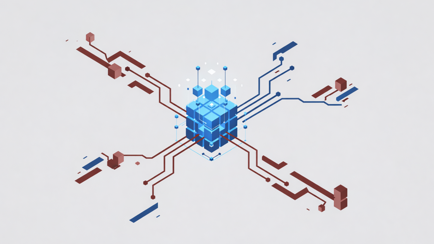 AI-driven data core connecting distributed systems under a unified data governance framework.