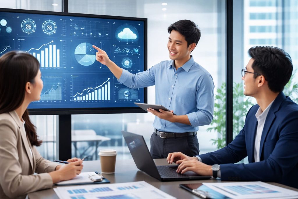 Business team reviewing data dashboards and analytics to support data-driven decision-making.