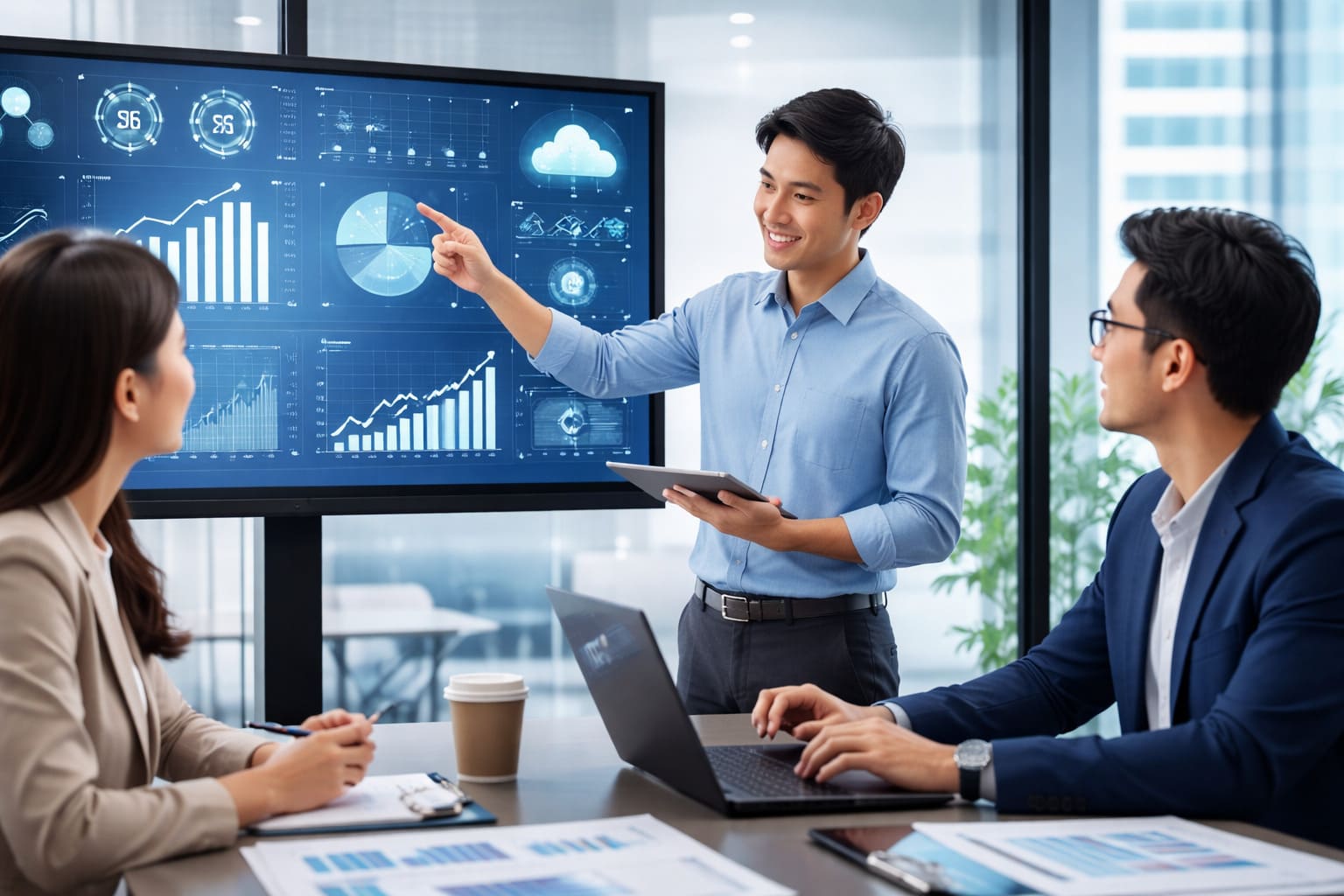 Business team reviewing data dashboards and analytics to support data-driven decision-making.