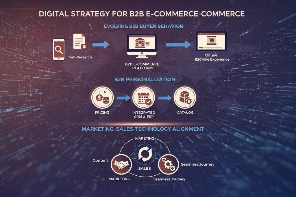 Diagram of a digital strategy for B2C e-commerce and retail showing omnichannel platforms, AI-driven personalization, seamless customer experience, and brand trust supported by data analytics and consistent user journeys.