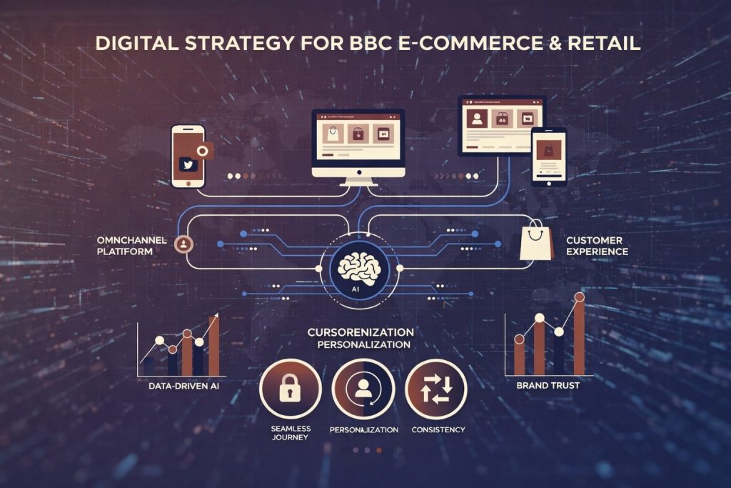 Infographic illustrating a digital strategy for B2B e-commerce, including evolving buyer behavior, self-research, integrated CRM and ERP systems, personalized pricing, product catalog, and alignment between marketing, sales, and technology.