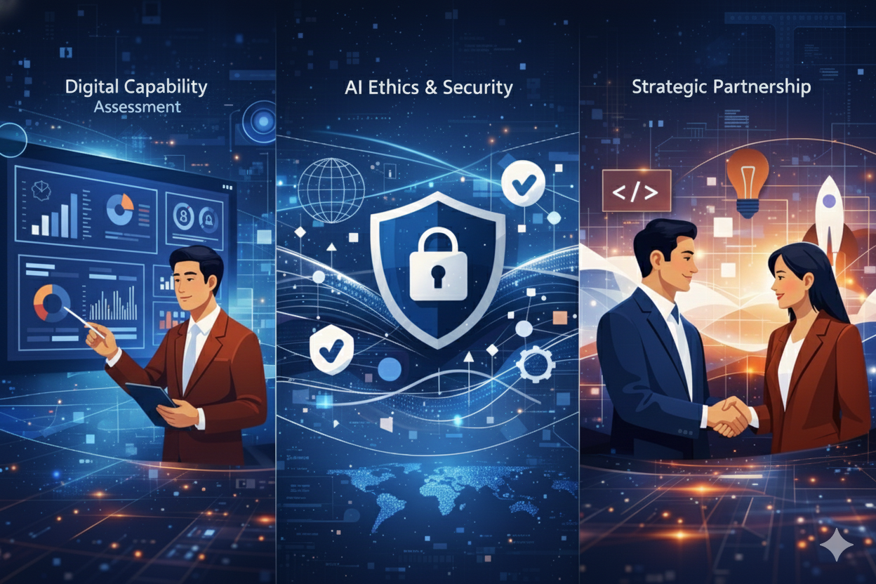 Digital capability assessment, AI ethics, security, and strategic partnerships as key pillars of enterprise digital transformation.