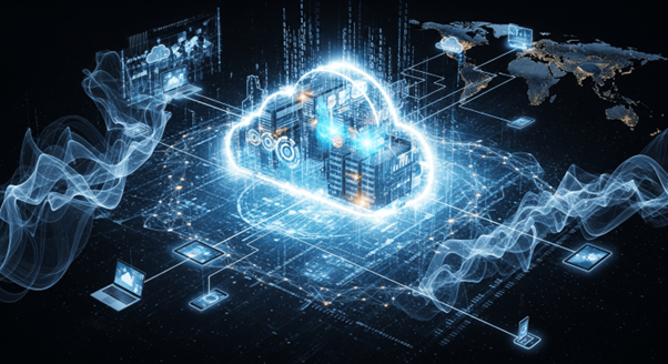 The images illustrate a modern digital technology ecosystem, including artificial intelligence, cloud computing, and advanced automation systems within business environments