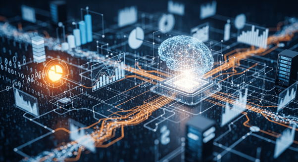 The images illustrate business process icons, smart warehouse systems, and modern automated production lines using advanced digital technology.
