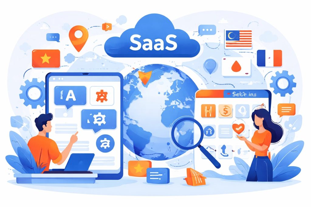SaaS platform localization with multilingual interfaces, regional settings, and localized user experience across global markets.