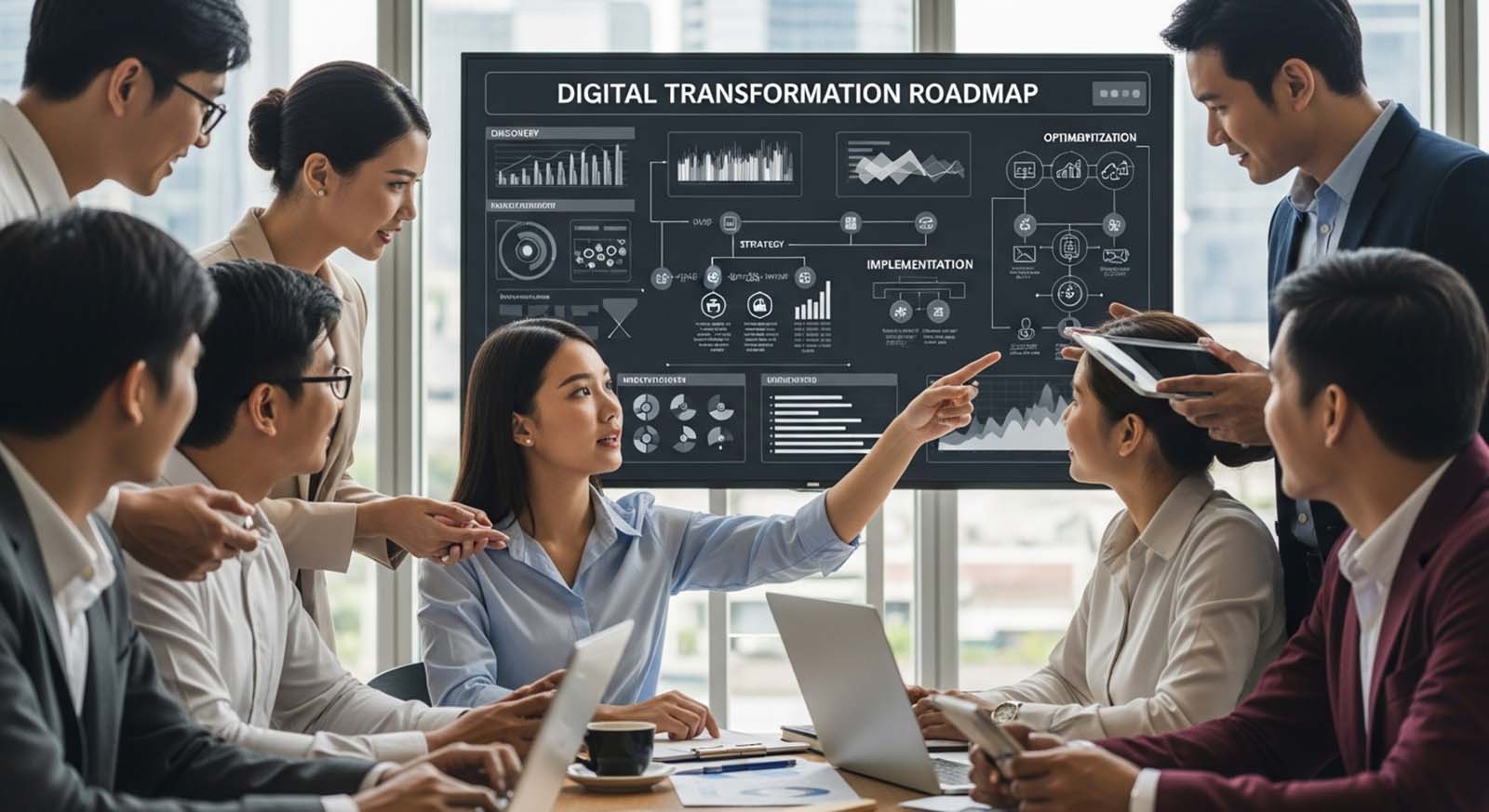 Executive team reviewing a digital transformation roadmap with data-driven insights and strategic planning.