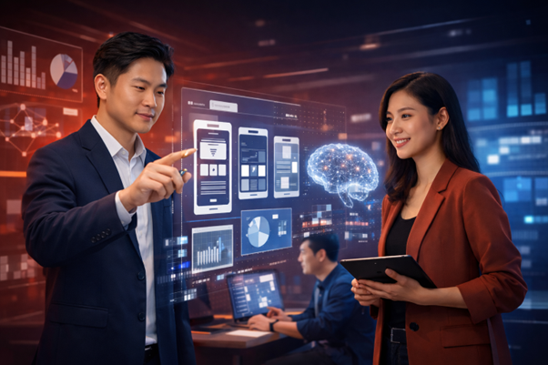 The images illustrate a technology ecosystem featuring artificial intelligence, big data workflows, and modern automation solutions for business digital transformation.