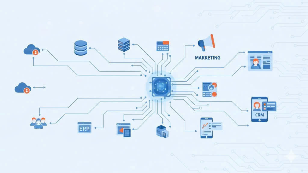 A system integration model connecting CRM, ERP, marketing platforms, and user data into a central processor, illustrating automation and seamless interaction between enterprise platforms.