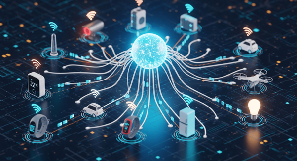The images illustrate smart warehouse management, automated production lines, and modern networks of interconnected devices using advanced digital technology systems
