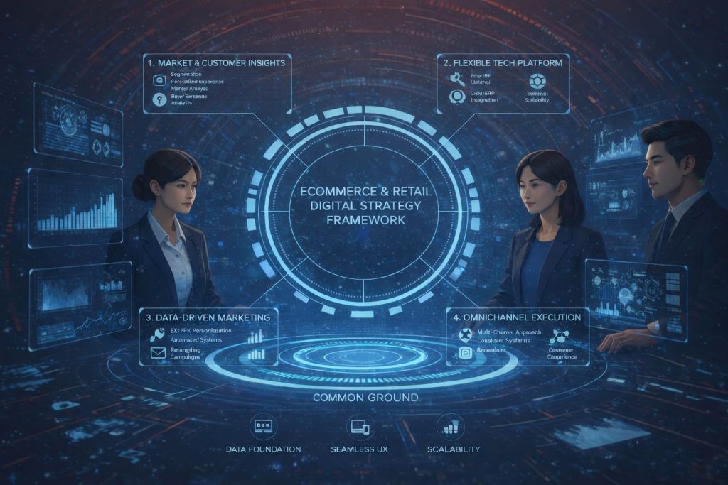 Team of professionals in a futuristic meeting room discussing data analytics, digital skills, innovation culture, and continuous learning, with glowing UI elements visualizing technological capabilities and organizational development.