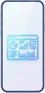 The image displays a smartphone with an icon of a dashboard or analytical interface, featuring various charts and data visualizations