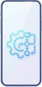 The image shows a smartphone displaying an icon of a gear connected to a flowchart, symbolizing workflow, process automation, and operational technology