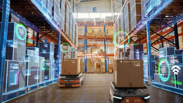 The images illustrate a modern digital ecosystem featuring artificial intelligence, smart warehousing, and advanced automation within business and industrial environments