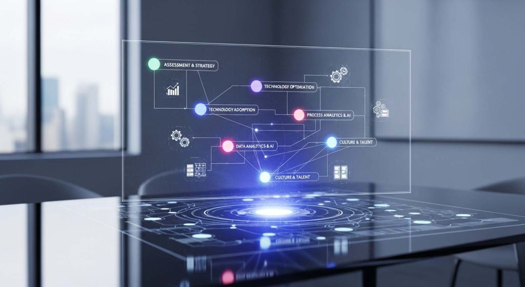 Visual digital transformation roadmap showing strategy, technology adoption, data analytics, AI, and organizational culture.