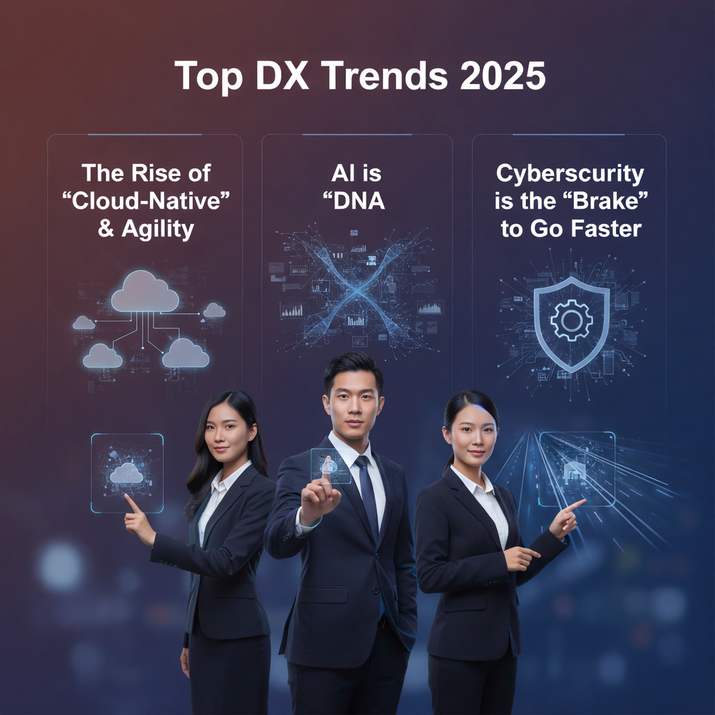 Top digital transformation trends 2025 highlighting cloud-native agility, AI-driven operations, and cybersecurity.