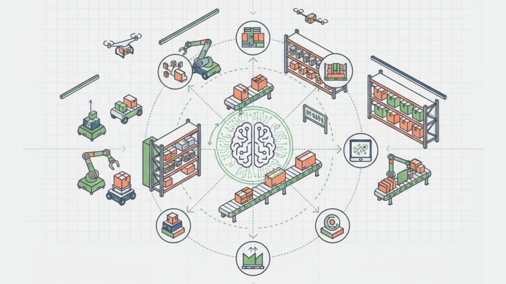 The images illustrate a digital technology ecosystem featuring artificial intelligence, smart warehousing, and automated supply chain management systems.