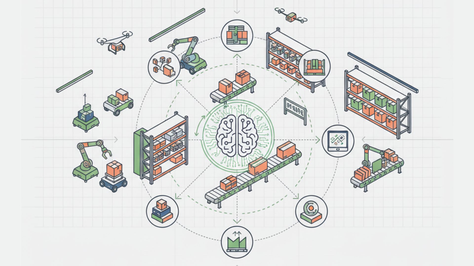 The images illustrate a digital technology ecosystem featuring artificial intelligence, smart warehousing, and automated supply chain management systems.