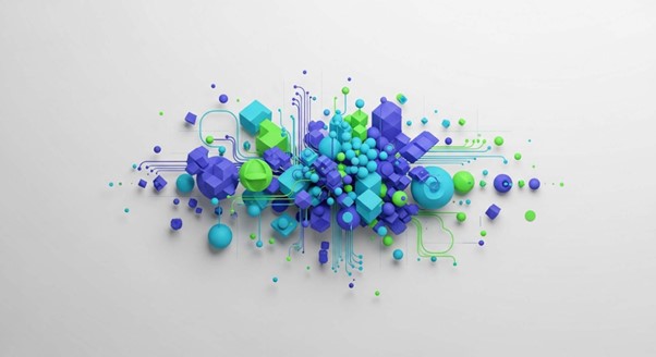 The images illustrate a modern digital technology ecosystem, including artificial intelligence, smart warehousing, and advanced automation systems within business environments.