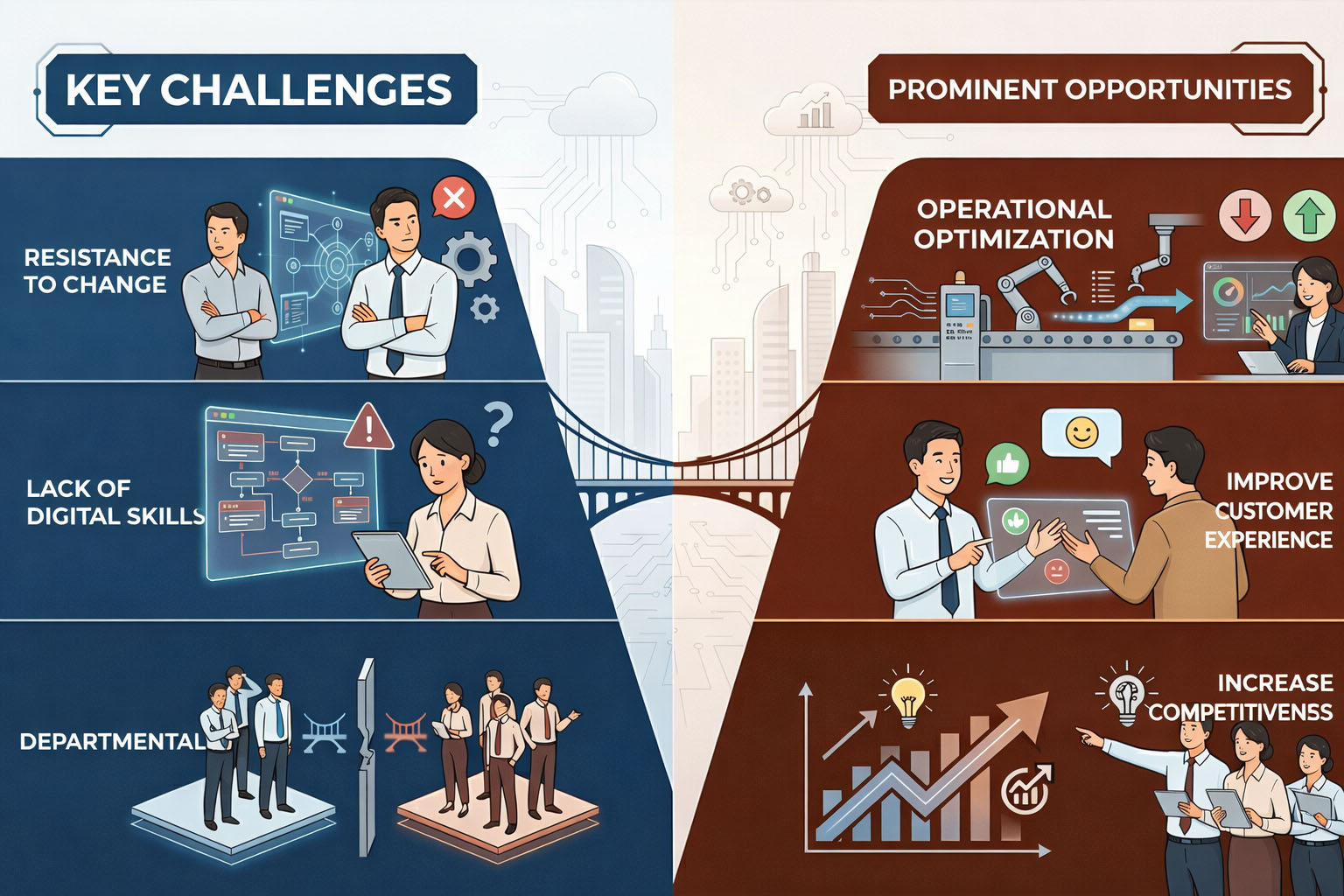 Comparison between key challenges and prominent opportunities in digital transformation, including resistance to change, skill gaps, operational optimization, and customer experience improvement.