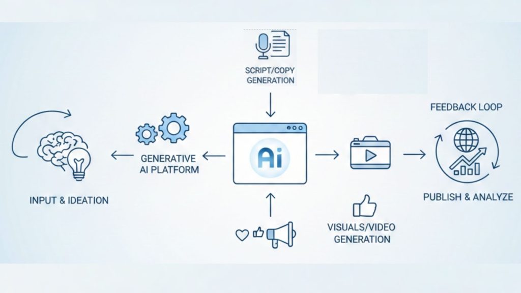 The images illustrate business processes, smart warehouse systems, and modern artificial intelligence applications within a professional digital technology ecosystem.