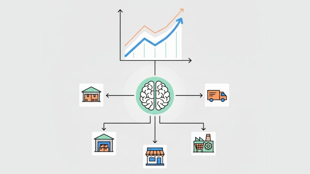 The images illustrate a digital technology ecosystem featuring artificial intelligence, smart warehousing, and automated supply chain management systems.