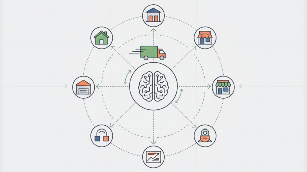 The images illustrate a digital technology ecosystem featuring artificial intelligence, smart warehousing, and automated supply chain management systems.
