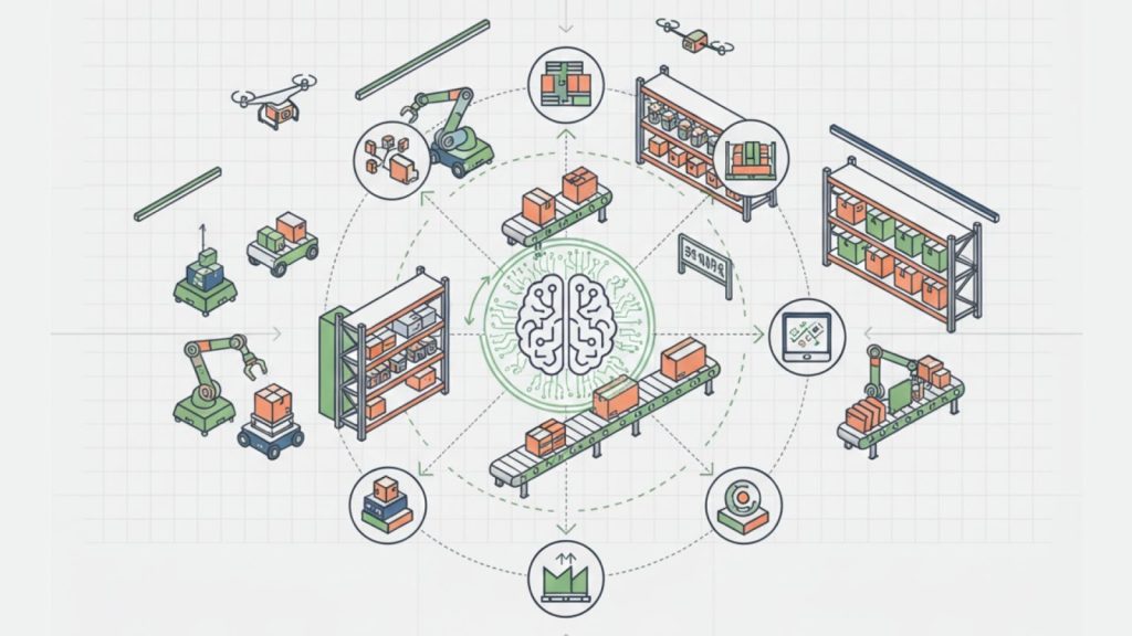 The images illustrate a digital technology ecosystem featuring artificial intelligence, smart warehousing, and automated supply chain management systems.