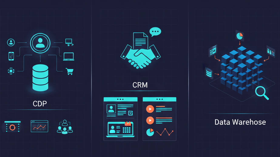 Comparison of CDP, CRM, and Data Warehouse roles within an enterprise data architecture.