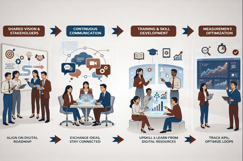 Change management process including shared vision, continuous communication, skill development, and performance measurement.
