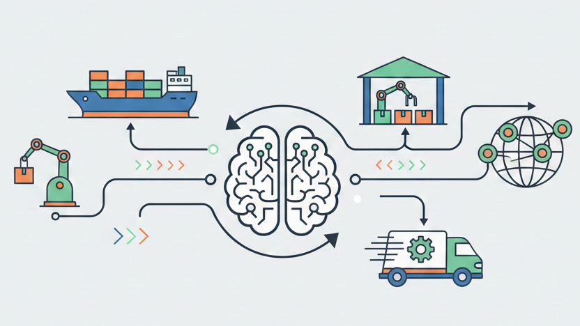 The images illustrate a digital technology ecosystem featuring artificial intelligence, smart warehousing, and automated supply chain management systems.