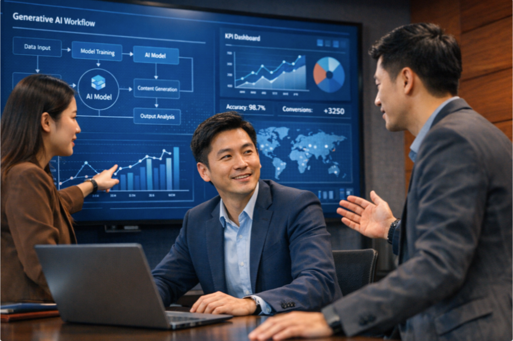 Ba đồng nghiệp trao đổi phân tích dữ liệu AI, xem dashboard biểu đồ, bản đồ toàn cầu và chỉ số hiệu suất trên màn hình lớn.