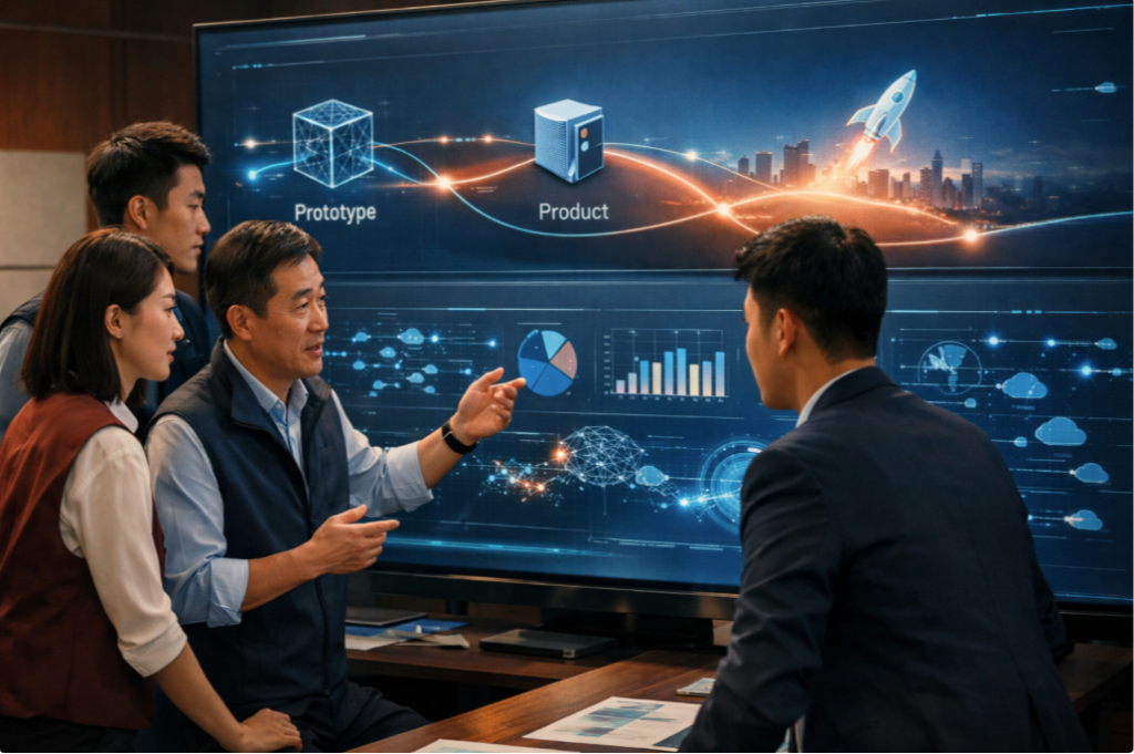 Nhóm chuyên gia thảo luận lộ trình từ prototype đến sản phẩm, xem dashboard dữ liệu, biểu đồ và kế hoạch ra mắt công nghệ.