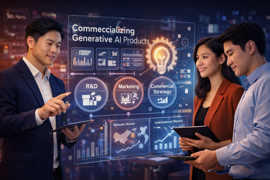 Ba chuyên gia thảo luận chiến lược thương mại hóa AI tạo sinh, với dashboard hiển thị R&D, marketing và chiến lược kinh doanh.
