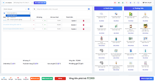 Sales management interface for B2B retail, displaying selected products, tax-free pricing, and total payable amount of 117,000 VND. On the right, a categorized product list with prices is shown.
