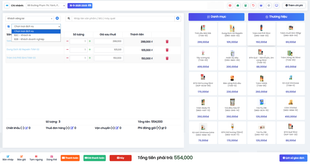 POS screen where the user selects customer type (B2C or B2B), adds items to the cart, and views total pricing (554,000 VND). Product thumbnails with prices are displayed on the right-hand side.