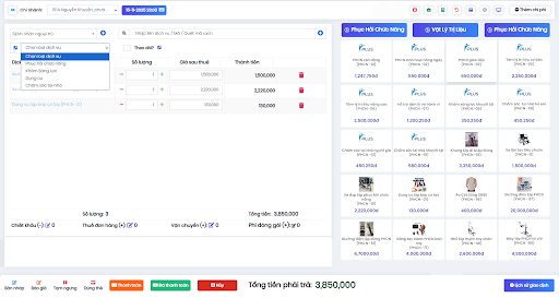 Point-of-sale interface for high-value products, listing multiple medical and rehabilitation items, with a total transaction value of 3,850,000 VND. Service type and quantity selection are available, with category tabs on the right.