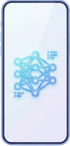 The image displays a smartphone with a glowing icon representing a neural network or a complex AI learning model at its center