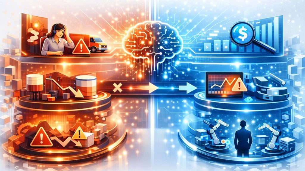Visual representation of artificial intelligence and machine learning in business applications, showing a robot analyzing data charts, a person observing learning growth, and professionals interacting with AI-driven systems for finance and operations.