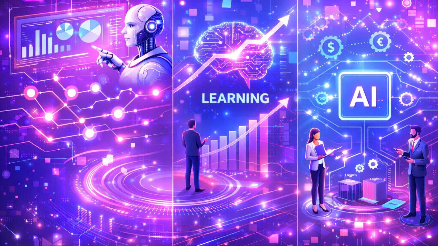 Illustration of a transformation from traditional systems with human error, data loss, and operational issues to AI-powered systems that detect problems, optimize performance, automate manufacturing, and enhance financial analysis.